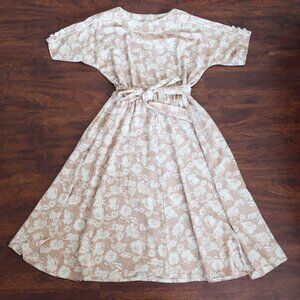 90s Brownstone Studio Made in USA Ivory Floral Padded Shoulder Belted Midi Dress